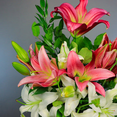 oriental lilies bouquet; lilies in a vase 