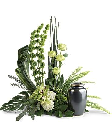 green garden roses, gorgeous orchid, white mums; green funeral flowers for urn
