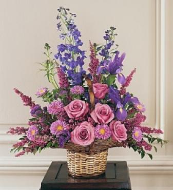 roses, mums, delphinium flower arrangement; pink and purple sympathy flowers