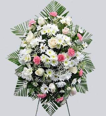 white and pink mums; long-lasting carnations, roses; funeral white and pink standing flower spray