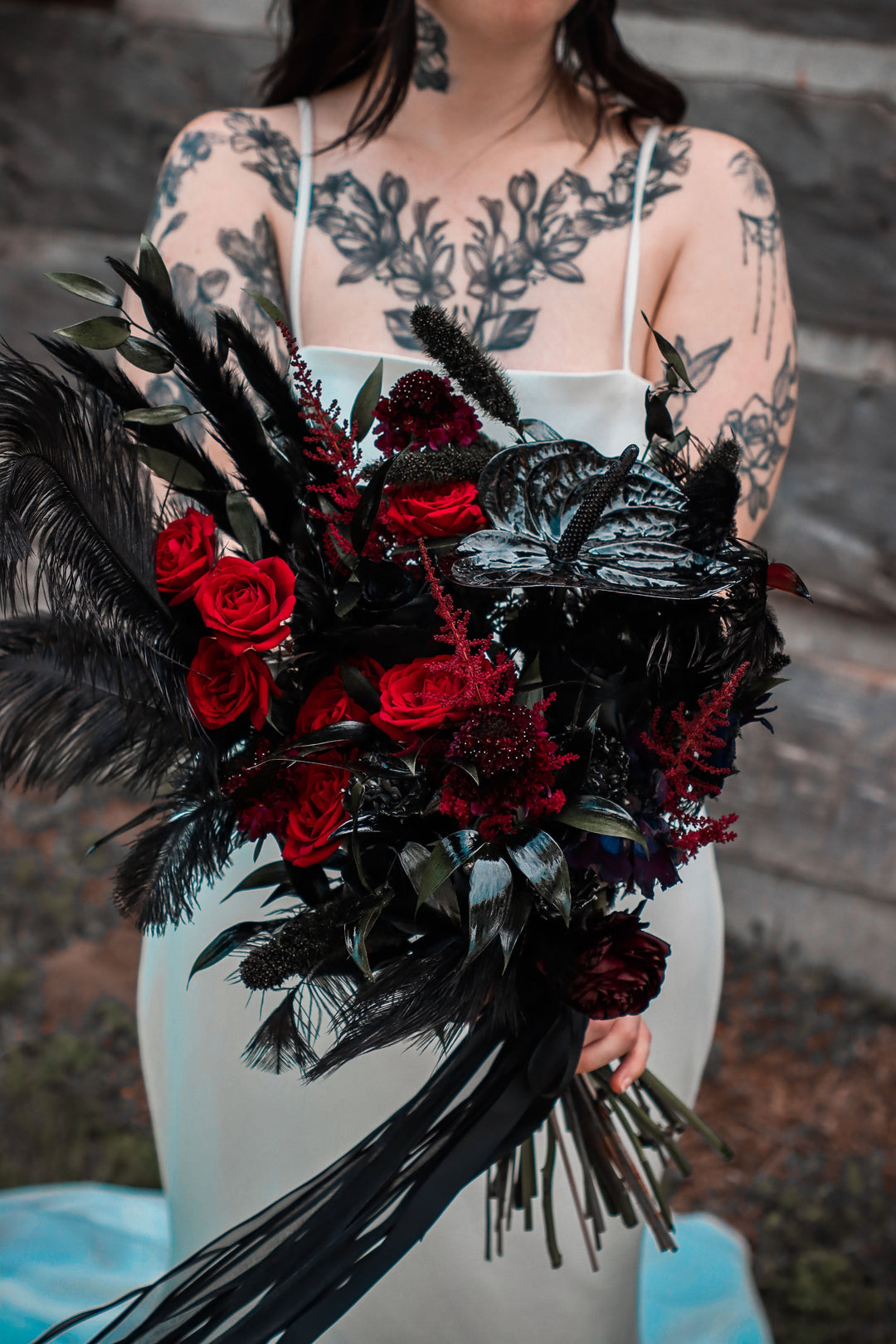 black and red bridal bouquet, dark and moody wedding flowers