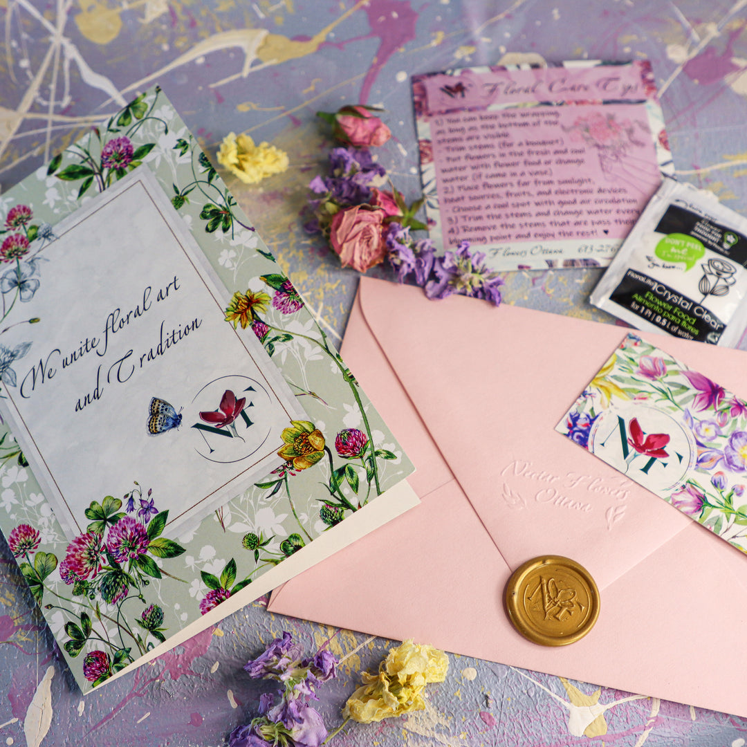 flower care, flower food, envelope, card, wax seal