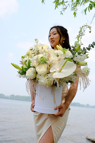 Luxurious floral arrangement with white roses, lilies, and hydrangeas in a tall white box by Ottawa florist.