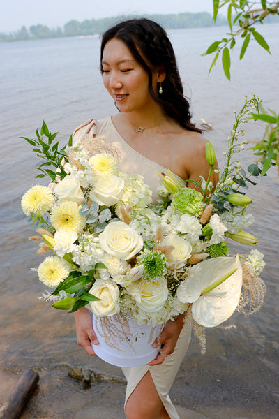 Luxurious floral arrangement with white roses, lilies, and hydrangeas in a tall white box by Ottawa florist.