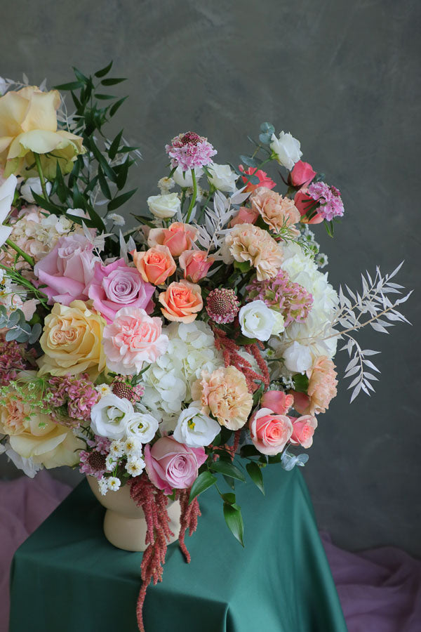 Pastel floral arrangement with blush roses, lisianthus, and carnations – Ottawa flower delivery
