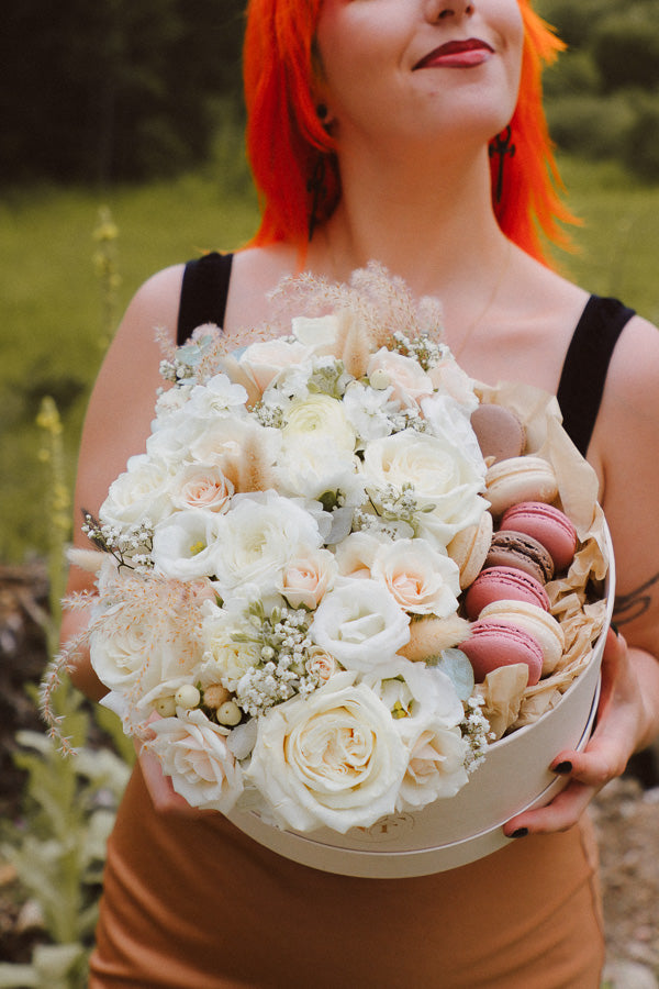 Creamy Dreamy Flower Macaron Box with white and cream flowers, lush greenery, and local macarons by Ottawa florist.