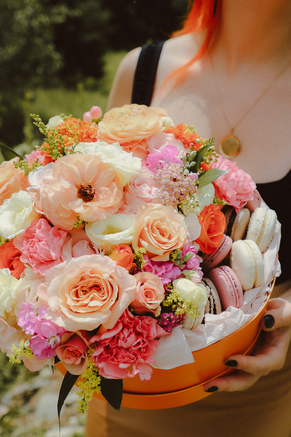 Peach & Pink Flower Macaron Box with pink and orange flowers and local macarons by Ottawa florist.