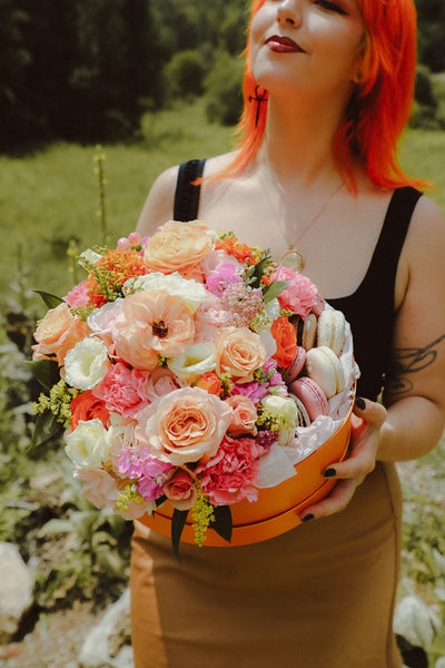 Peach & Pink Flower Macaron Box with pink and orange flowers and local macarons by Ottawa florist.