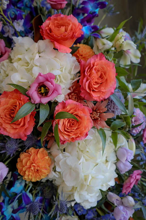 blue funeral flowers; blue spray; colorful funeral flowers; sympathy flowers ottawa