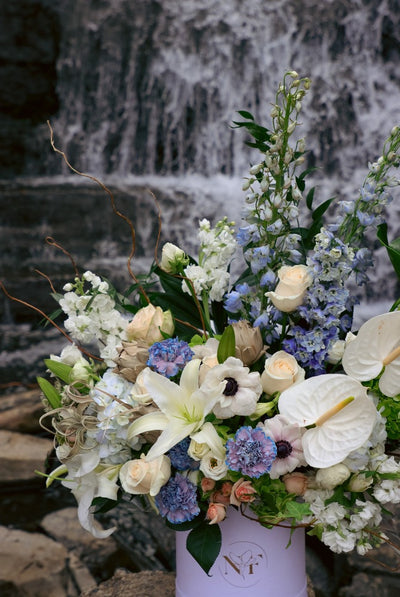 white and blue flowers; grand bouquet; flowers in a box; elegant flowers; ottawa florist