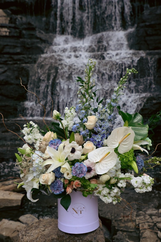 white and blue flowers; grand bouquet; flowers in a box; elegant flowers; ottawa florist