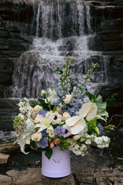 white and blue flowers; grand bouquet; flowers in a box; elegant flowers; ottawa florist