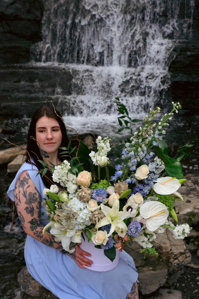  Elegant white and blue flower bouquet in a box by Ottawa florist