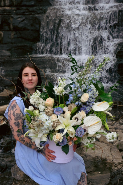 white and blue flowers; grand bouquet; flowers in a box; elegant flowers; ottawa florist