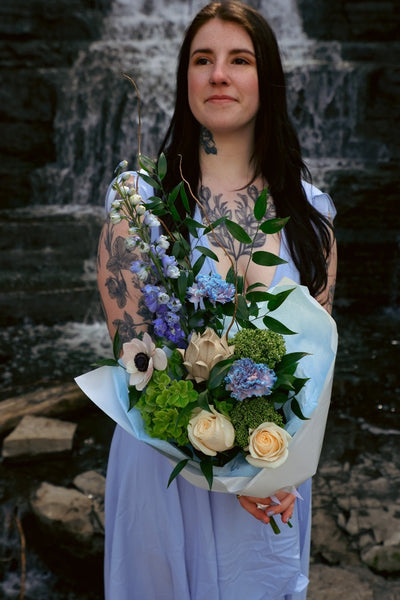 white and blue bouquet; ottawa florist; lilies delphinium roses hydrangea bouquet; blue flowers