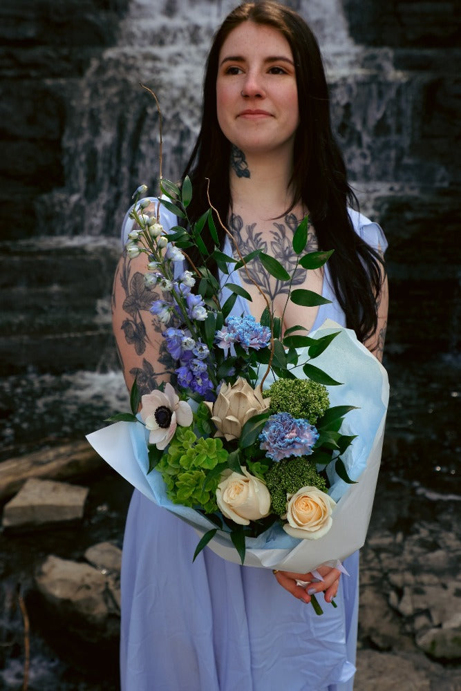 white and blue bouquet; ottawa florist; lilies delphinium roses hydrangea bouquet; blue flowers