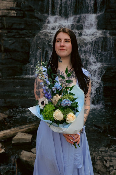 white and blue bouquet; ottawa florist; lilies delphinium roses hydrangea bouquet; blue flowers