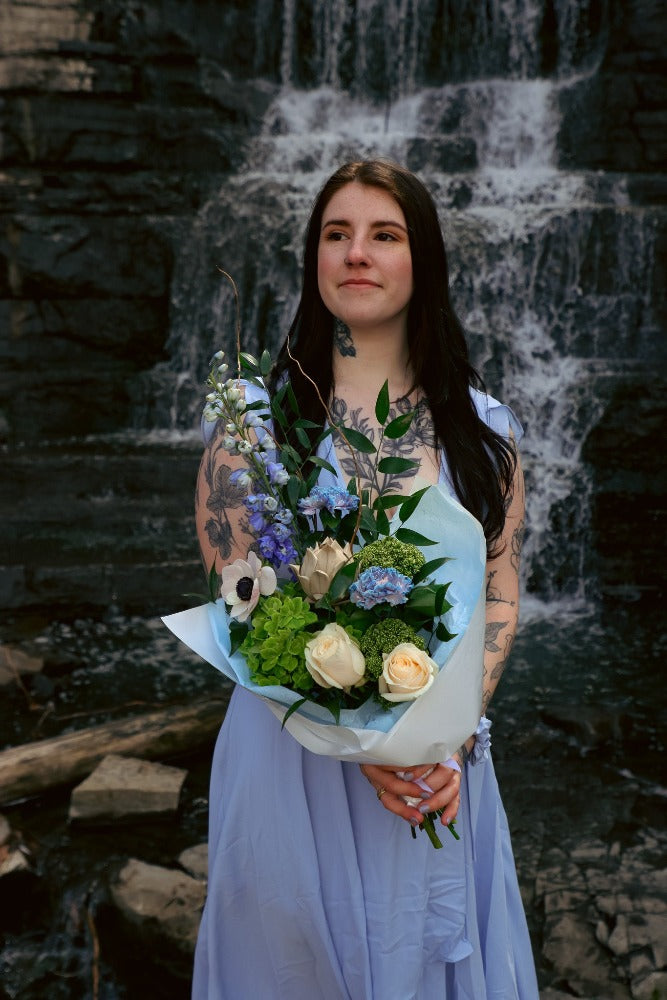 white and blue bouquet; ottawa florist; lilies delphinium roses hydrangea bouquet; blue flowers