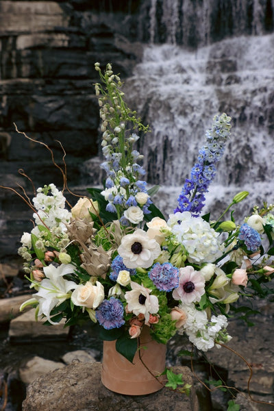  Elegant white and blue flower bouquet in a box by Ottawa florist