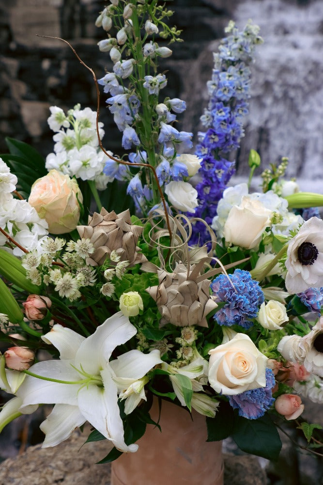  Elegant white and blue flower bouquet in a box by Ottawa florist