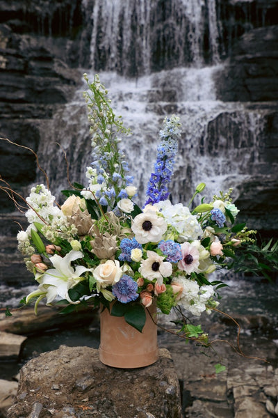  Elegant white and blue flower bouquet in a box by Ottawa florist