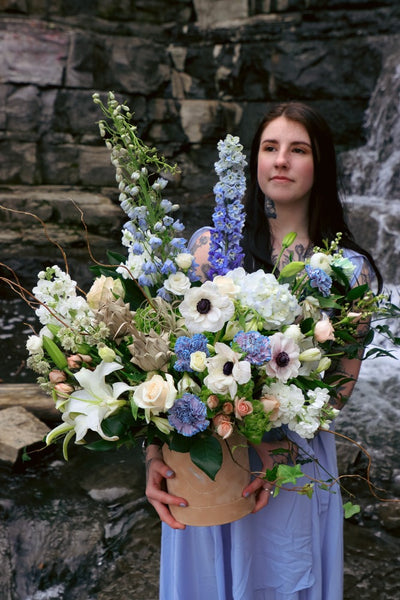  Elegant white and blue flower bouquet in a box by Ottawa florist