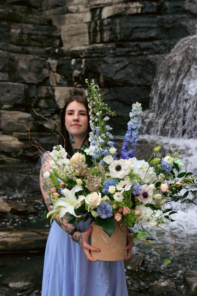  Elegant white and blue flower bouquet in a box by Ottawa florist