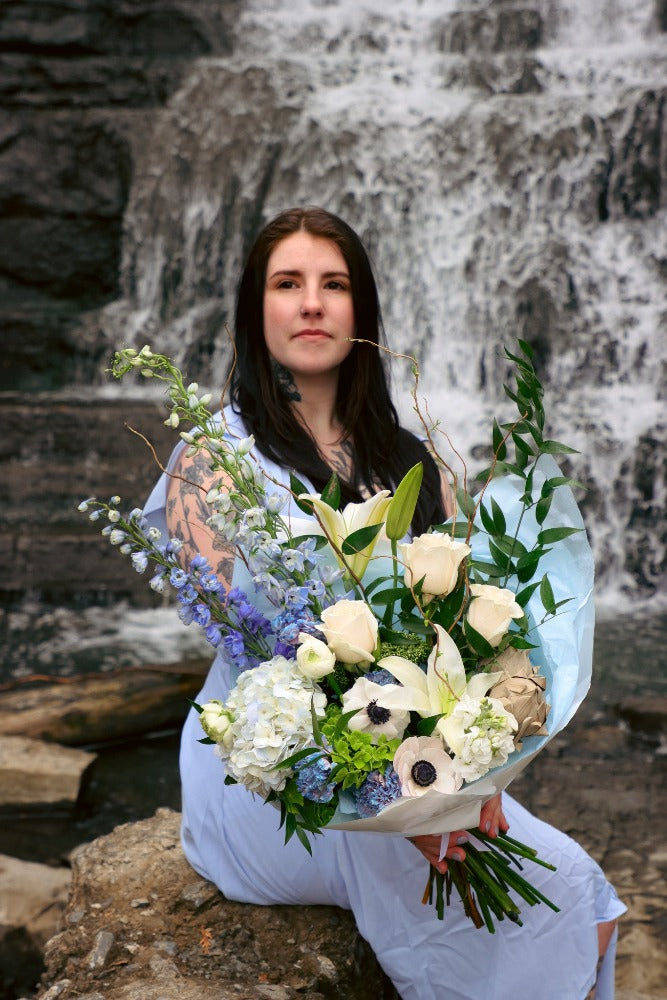 white and blue bouquet; ottawa florist; lilies delphinium roses hydrangea bouquet; blue flowers