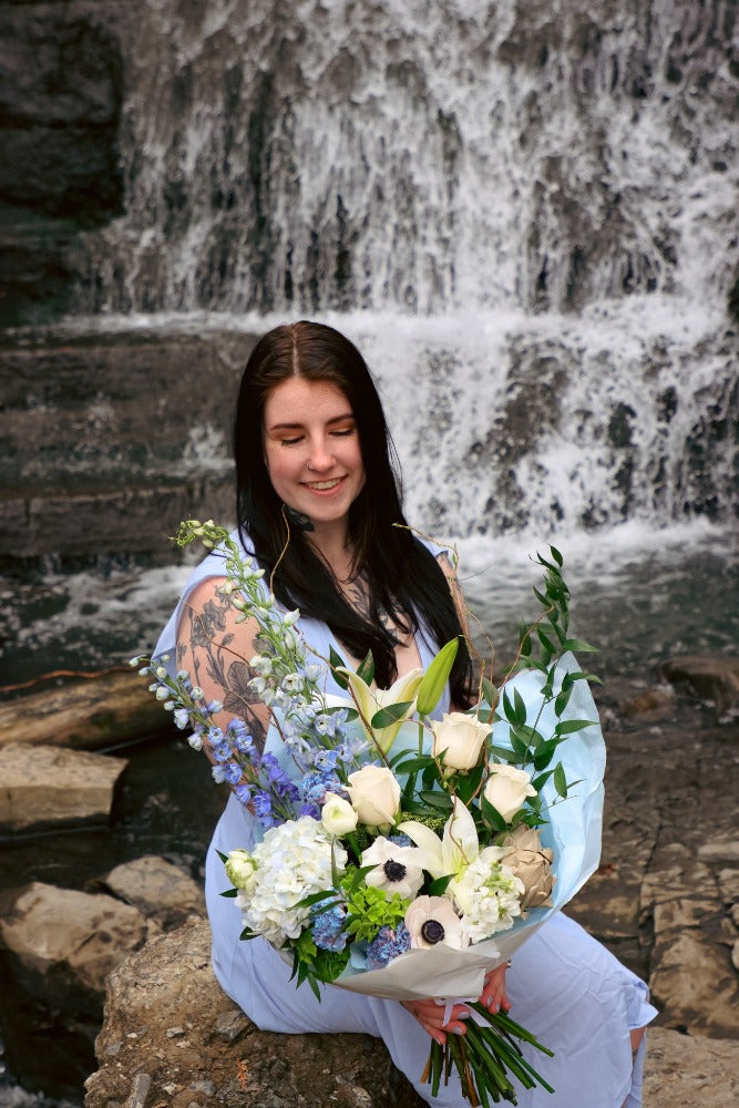 white and blue bouquet; ottawa florist; lilies delphinium roses hydrangea bouquet; blue flowers