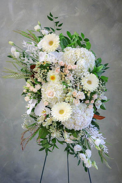 all white funeral spray; funeral standing spray; funeral flowers