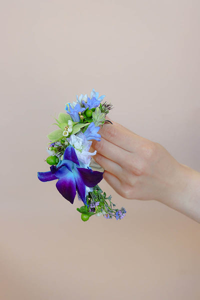 blue corsage; corsage for prom; wedding corsage; navy corsage; blue flowers; ottawa florist