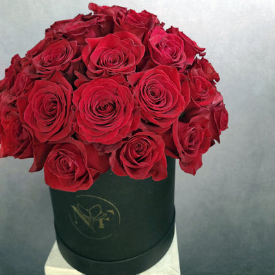 red roses in a black box; boxed roses; red roses