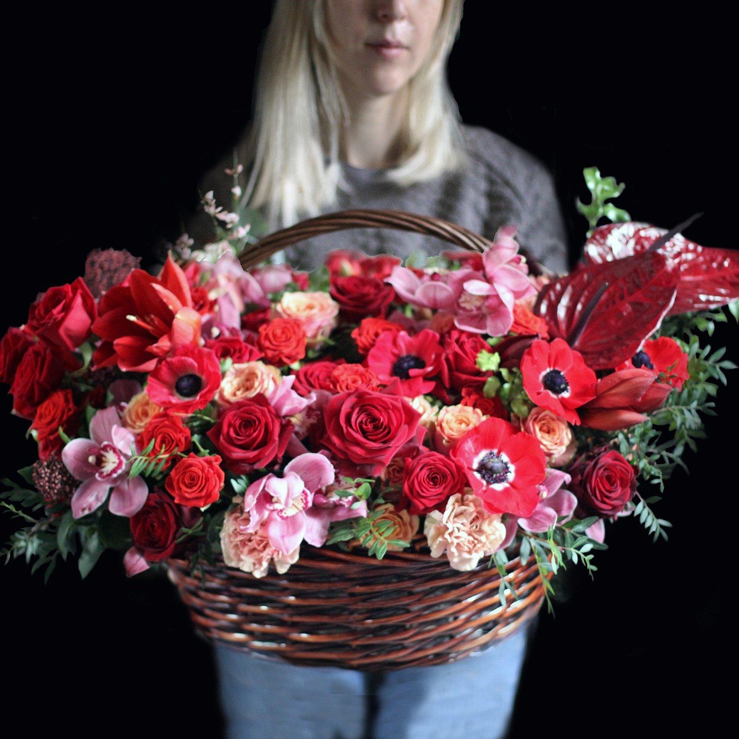 red and pink luxury flower basket