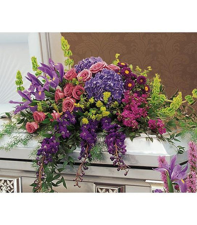  casket flower spray; funeral purple flowers