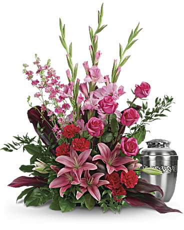 sympathy flower arrangement; flower for urn; floral arrangement for urns; oriental lilies; pink sympathy flowers