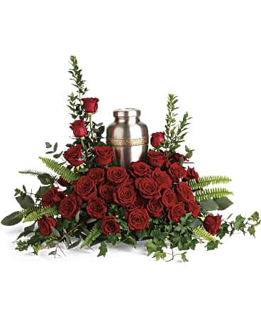 classic funeral flowers; red roses for funeral urn