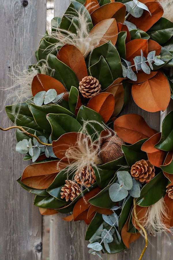 magnolia wreath, christmas wreath, natural wreath, elegant modern contemporary wreath, magnolia eucalyptus wreath
