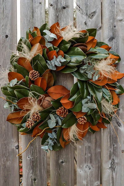 magnolia wreath, christmas wreath, natural wreath, elegant modern contemporary wreath, magnolia eucalyptus wreath