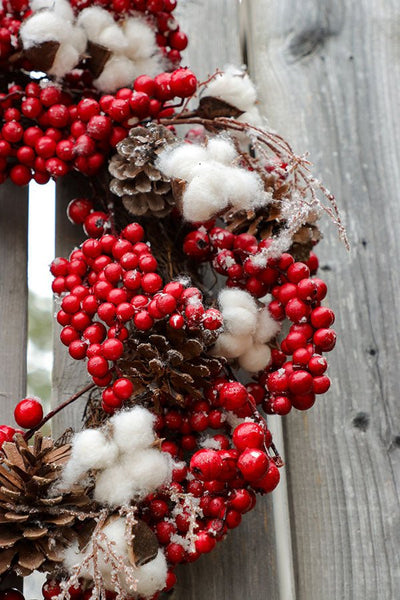 artificial christmas wreath, red and white wreath, winter wreath