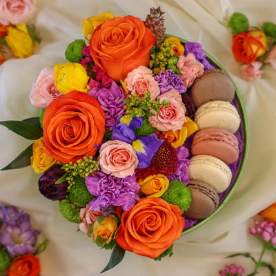 flowers in a box, flower macaron box, bright flowers, flower gift, flowers in ottawa