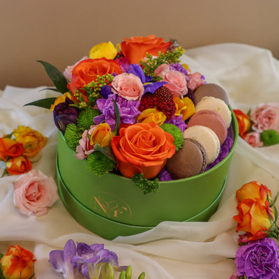 flowers in a box, flower macaron box, bright flowers, flower gift, flowers in ottawa