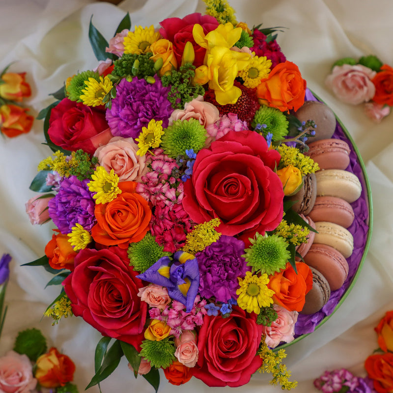 flowers in a box, flower macaron box, bright flowers, flower gift, flowers in ottawa