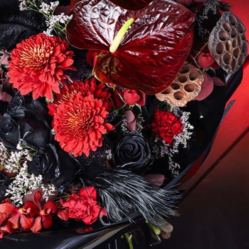 dark moody flowers, dark bouquet, halloween flowers, mysterious, scary flowers