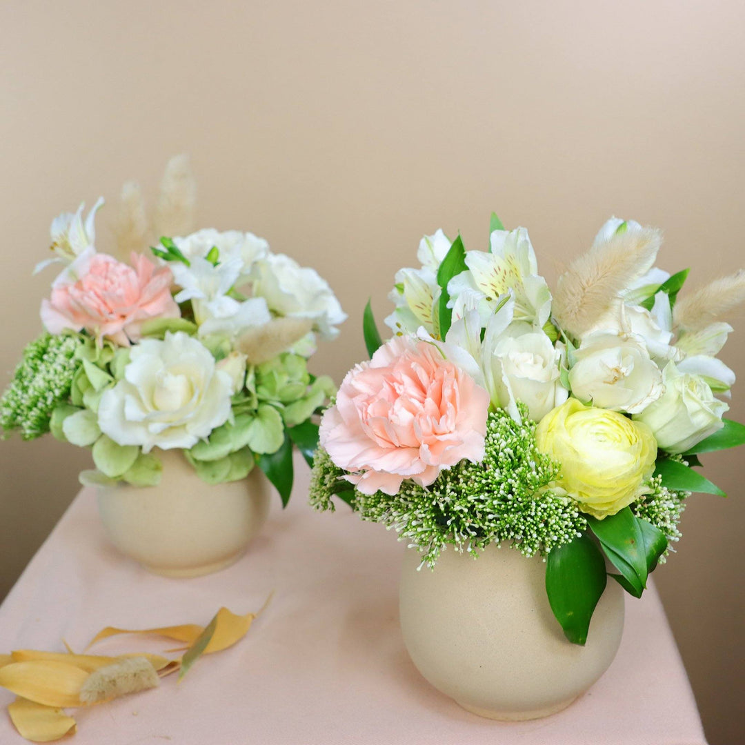 flower duo; gentle flower arrangement in ceramic vase; two flower arrangements; gentle flowers; elegant flowers