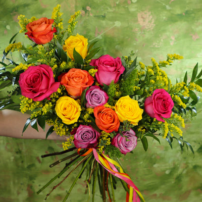 dozen roses; assorted bright roses; bright bouquet