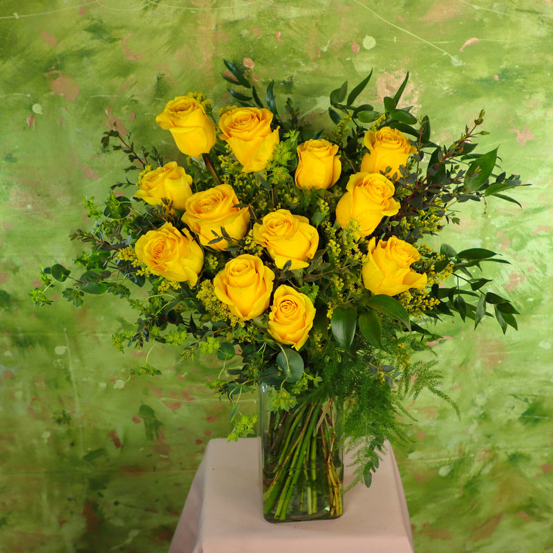 yellow roses bouquet; rose bouquet; yellow roses in a vase; rose arrangement