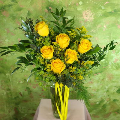 yellow roses bouquet; rose bouquet; yellow roses in a vase; rose arrangement