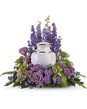 purple flowers for urn; funeral urn flowers
