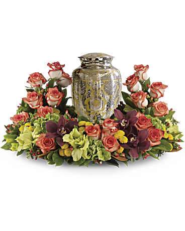 orange roses exotic orchids for funerals; urn flower arrangement