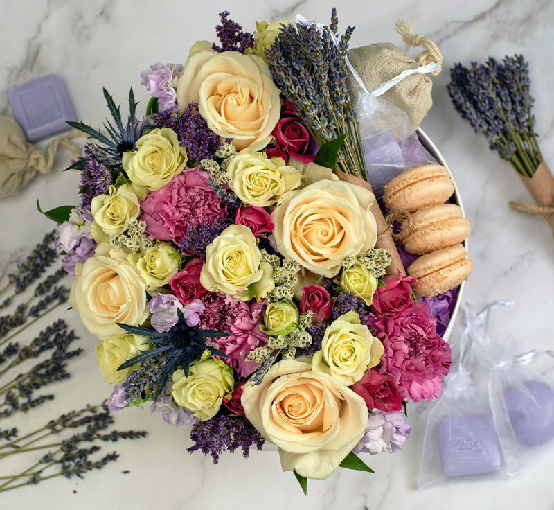 Flower Macaron Box with Fresh Lavender, Lavender soap and lavender sachet